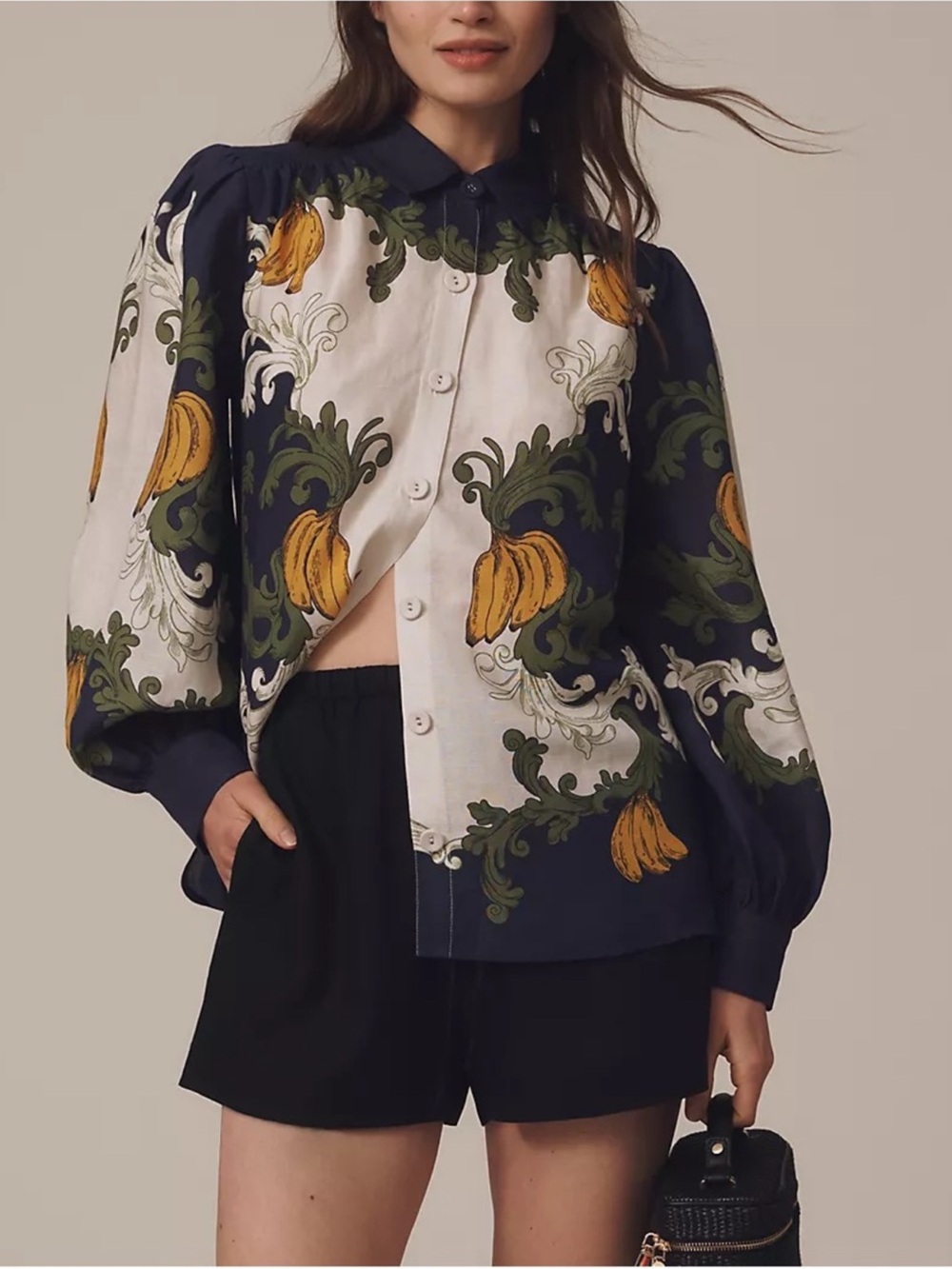 Farm Rio x Anthropologie Puff-Sleeve Printed Banana Shirt